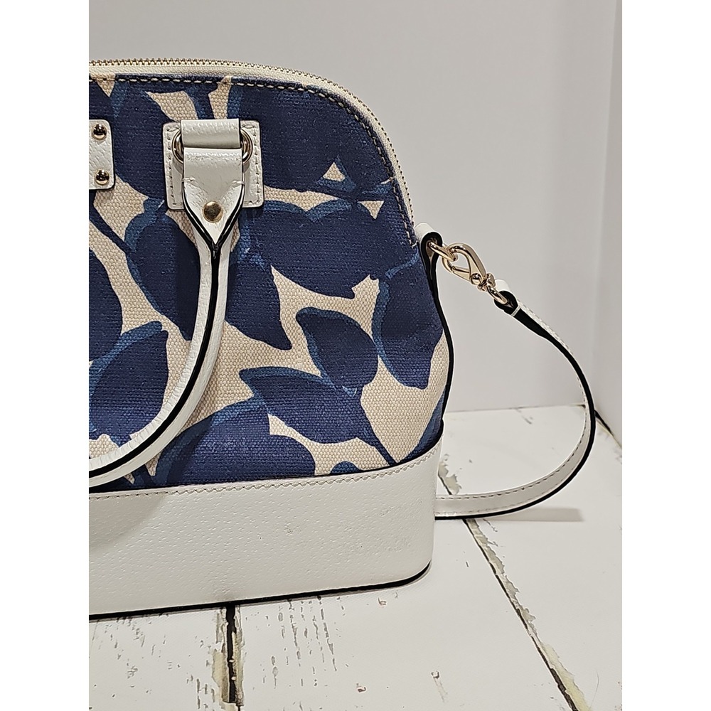 Kate Spade Wellesley Rachelle Leaves Dome Satchel Handbag Navy Blue White Canvas - Picture 6 of 13